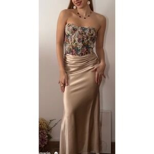 Commense Floral Bustier Maxi Dress with Gold Satin Skirt